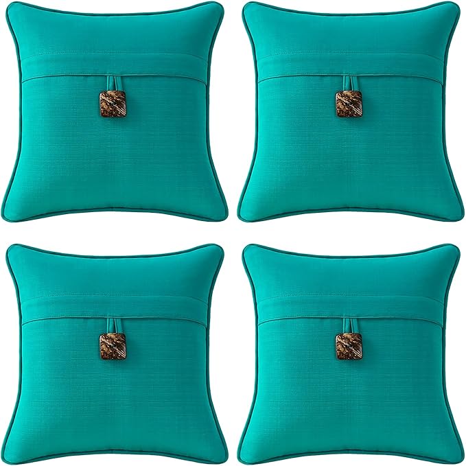 Outdoor Decorative Pillows with Coconut Button Pack of 4, 16" x 16" Outdoor Pillow Set for Couch Bed Throw Patio Sofa, Peacock Blue