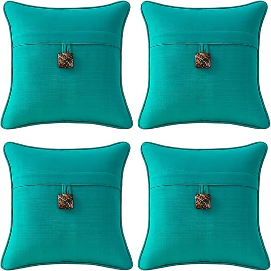 Outdoor Decorative Pillows with Coconut Button Pack of 4, 18" x 18" Outdoor Pillow Set for Couch Bed Throw Patio Sofa, Peacock Blue