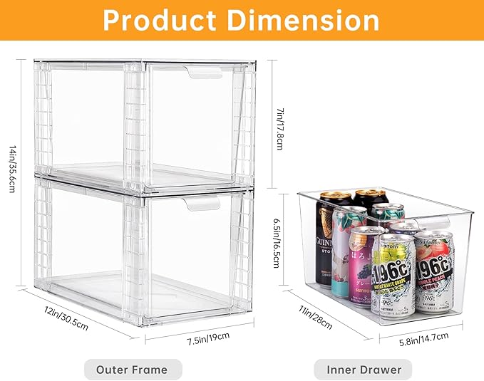 1Pack Large Stackable Kitchen Storage Drawers, Clear Foods Organizer Bins with Handles, Easily Assemble for Bathroom, Kitchen, Pantry, Cabinet, Closet(XL-UP Handle)