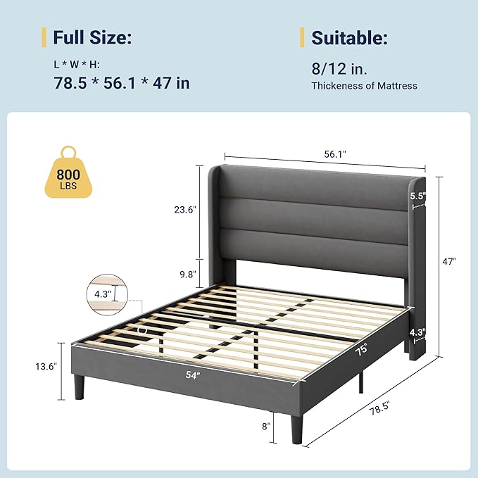 Allewie Full Size Platform Bed Frame with Velvet Upholstered Wingback Headboard, No Box Spring Needed, Under Bed Storage Space, Strong Wooden Slats, Modern Mattress Foundation, Easy Assembly, Grey