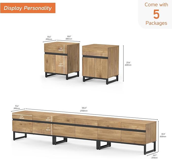 WAMPAT TV Stand and End Table Set of 3, Living Room Table Sets, 106 Inch TV Stand and 2 End Table Set with Drawers for Living Room, Entertainment Center, Console TV Table, Oak