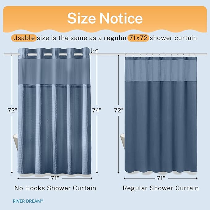 River Dream Blue Shower Curtain No Hooks Required Dotted Waffle Weave Shower Curtain with Snap in Liner - 71W x 74H,Hotel Grade,Spa Like Bath Curtain,Moonlight Blue