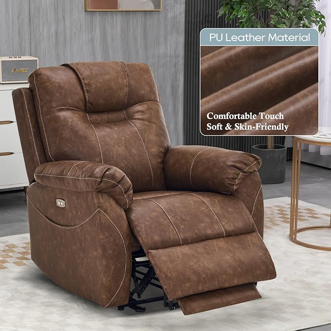 Power Recliner Chair, Wall Hugger Recliner with Massage and Heat, PU Leather Recliner Chair with 2 Side Pockets & USB Ports for Living Room