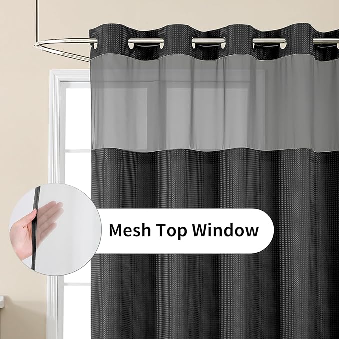 Colorful Star Small Stall Shower Curtain with Snap in Fabric Liner, Waffle Weave No Hook Shower Curtains with Mesh Top Window, Hotel Style Waterproof Bathroom Curtain Set, 36 x 75 Inch, Black