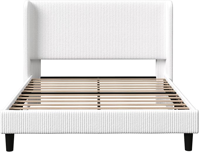 Allewie Full Size Bed Frame with Upholstered Wingback Headboard, Vertical Channel Tufted Corduroy Velvet Platform Bed, Strong Wooden Slats Support, No Box Spring Needed, Easy Assembly, Sturdy, White