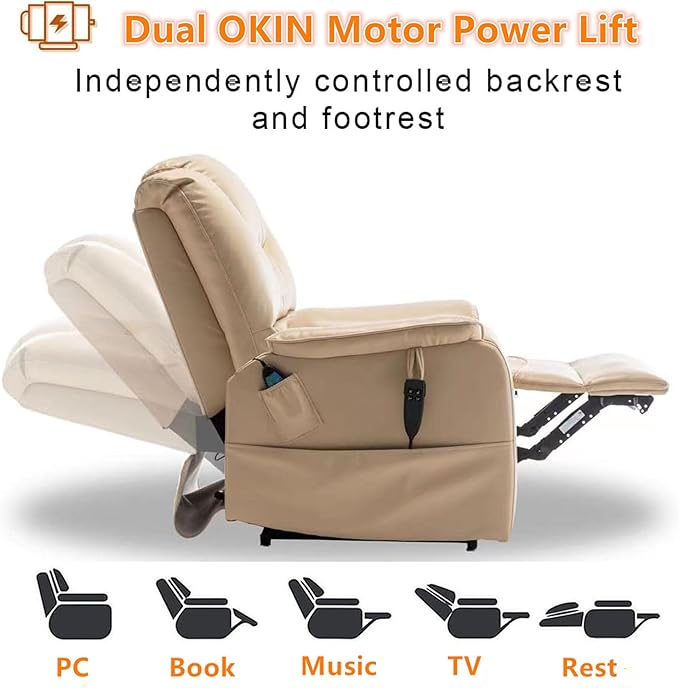 Dual Motor Power Lift Recliner Chair for Elderly, Heavy Duty Electric Recliner Chairs with Heat and Massage, Lay Flat 180-Degree Oversized Power Recliner with Lift Assist for Seniors
