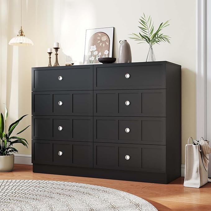 Wood Dresser for Bedroom 8 Drawer: 47" Black Chest of Drawers Wood, Modern Fluted Cabinet with Sturdy Storage, Wide Aesthetic Furniture for Room Organization