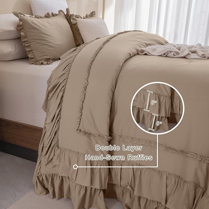 QSH 3PCs Light Taupe Oversized King Comforter Set 120x120,Shabby Vintage Chic Ruffled Bedding Comforter Extra Large Farmhouse French Country Rustic Comforter Microfiber Soft Lightweight Bedding