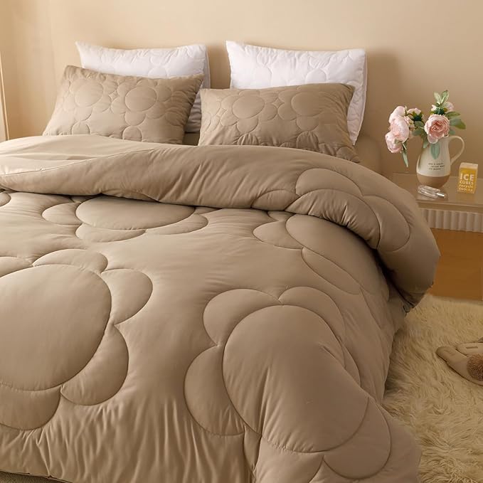 Luxlovery Cream Coffee Comforter Set Full Khaki Sunflower Bedding Comforter Mocha Coffee Bedding Comforter Set Floral Boho Farmhouse Quilted Soft Breathable Bedding Set Full Size