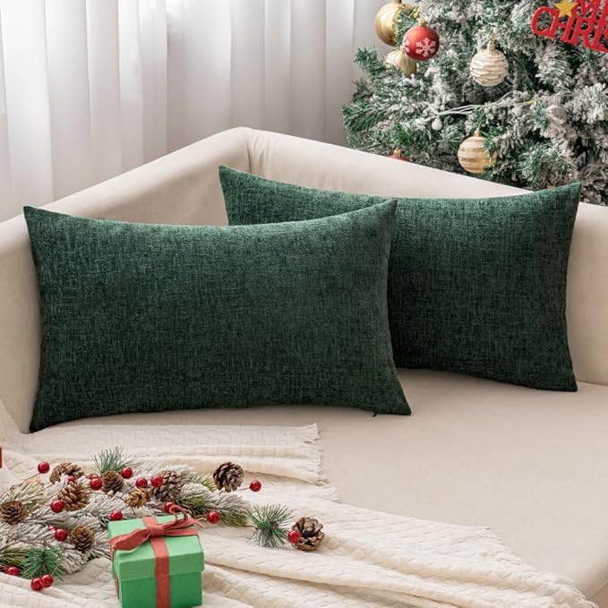 MIULEE Pack of 2 Green Throw Pillow Covers 12x20 Inch Soft Chenille Pillow Covers for Sofa Living Room Couch Solid Dyed Cases