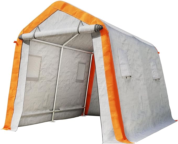 AMERLIFE 8x10x8 FT Heavy Duty Portable Shed Storage Shelter, Outdoor Storage Shed with 4 Waterproof Windows & Roll-Up Zipper Door, Carport for Motorcycle, Bike, Gray