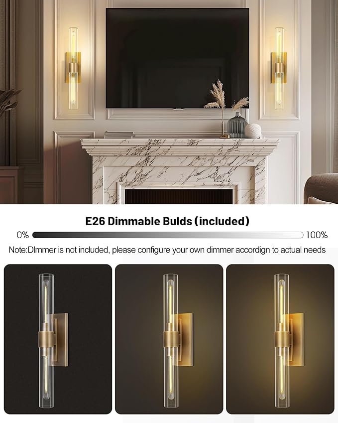 Modern Brass and Glass Wall Sconces, 24" Vanity Lights for Bathroom 2 Lights, Horizontal or Vertical Linear Wall Sconce,Indoor Sconces Wall Lighting,Bathroom Wall Sconce Set of Two