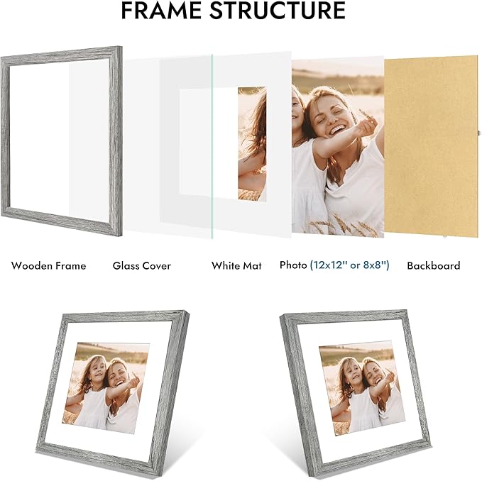 12x12 Picture Frame with Real Glass - 8x8 Wooden Frame with Mat, Horizontal and Vertical Display for Wall or Tabletop (Grey, 1 Pack)