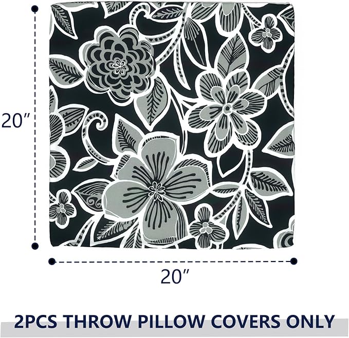 Outdoor Pillow Covers for Patio Furniture 20x20 Inch, Decorative Patio Throw Pillow Covers Set of 2, Modern Square Cushion Cases for Porch Garden Home Office,Flower Black