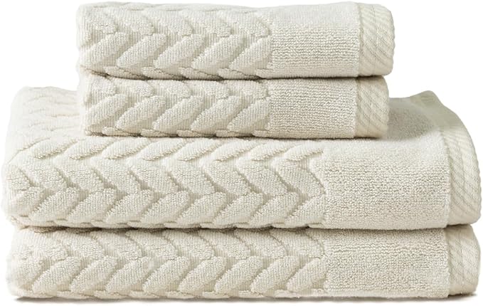 Texere 100% Organic Cotton Cable Jacquard 650 GSM Luxury Towel Sets - Ultra Soft and Absorbent Hotel and Spa Quality (Cable, Birch, 2 Hand & 2 Wash Towels)