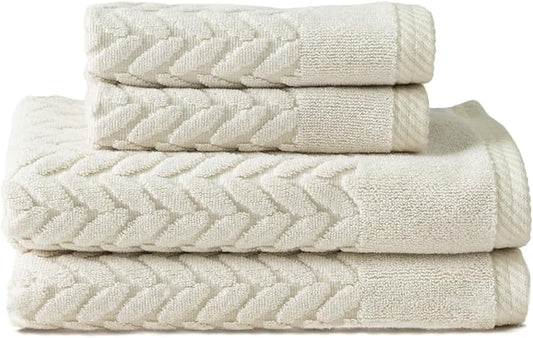 Texere 100% Organic Cotton Cable Jacquard 650 GSM Luxury Towel Sets - Ultra Soft and Absorbent Hotel and Spa Quality (Cable, Birch, 2 Hand & 2 Wash Towels)
