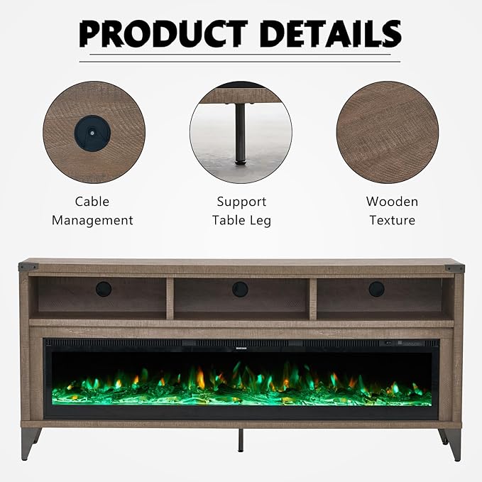 65“ Fireplace TV Stand, Farmhouse Entertainment Center with 60" Tempered Glass Electric Fireplace, Industrial Media Console with Open Storage Space for TVs up to 75", Light Gray