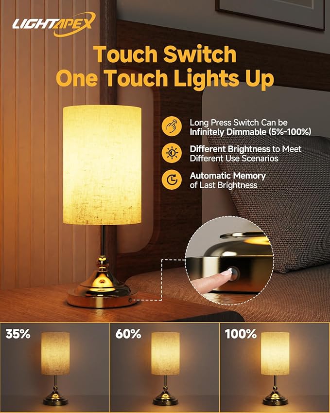 Lightapex Vintage Small Cordless Table Lamps with Stepless Dimming, Portable Rechargeable Bedside Lamps with Touch-Control for Bedroom, Living Room, and Reading, Cylinder(Brassy)