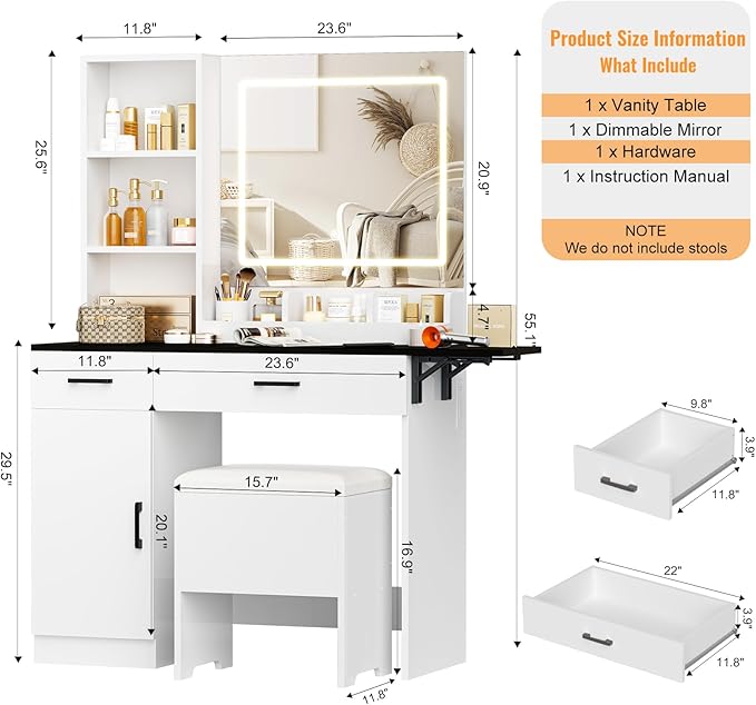 KAMABOKO Vanity Desk with Mirror and Lights, Large Makeup Table Set with 2 Drawers and Storage Stool, Girls Vanity with Fold-up Panel and Power Outlet for Bedroom