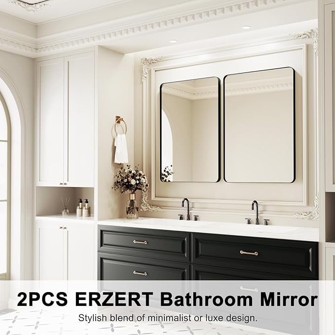 Bathroom Mirrors for Over Sink,2Pcs 24x36Inch Vanity Mirrors for Wall,Black Metal Frame Rectangle Mirrors for Bathroom Vertically Restroom,Hangs Horizontally or Farmhouse