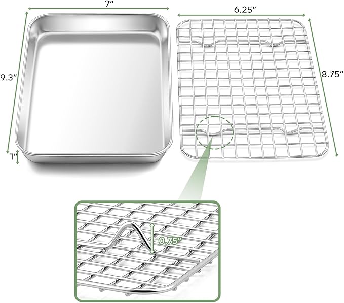 TeamFar Toaster Oven Pan with Rack Set, 9’’ x 7’’ x 1’’ Stainless Steel Compact Toaster Oven Small Baking Pan Tray with Mini Cooling Grid Rack, Healthy & Heavy-Duty, Dishwasher & Oven Safe, 2pcs