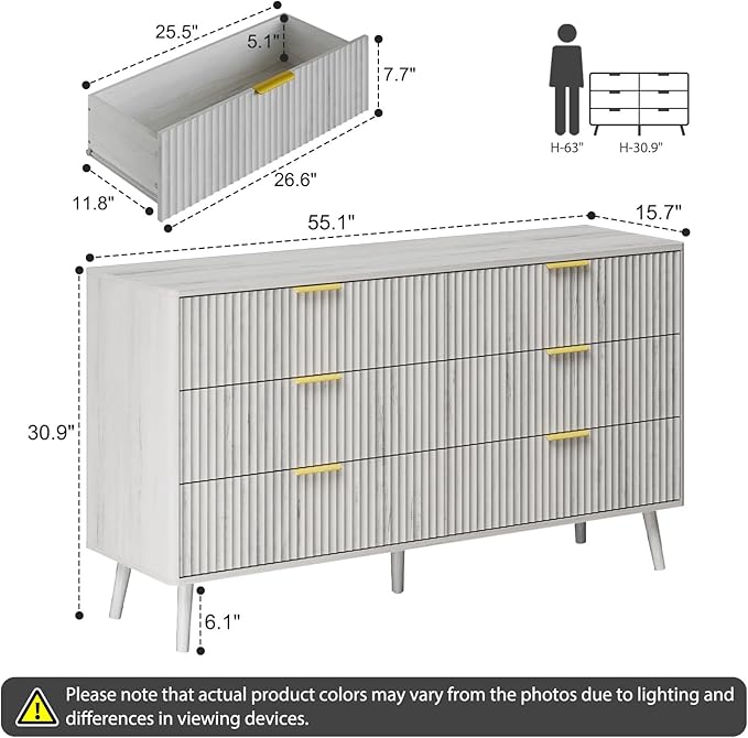 LYNSOM 55" Wide Fluted Dresser for Bedroom with 6 Drawer, Modern Chest of Drawers with Curved Profile Design and Metal Handles, Wood Dresser TV Stand & Storage Organizer for Living Room, White
