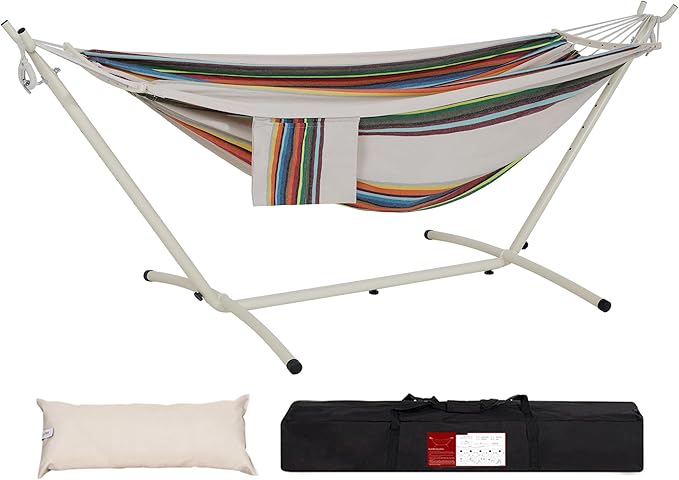 LazyDaze Hammocks Double Hammock with Stand - 2 Person Heavy Duty Outdoor Hammock for Adults, Includes Durable Steel Stand, Portable Carrying Bag and Pillow, Rainbow Stripes