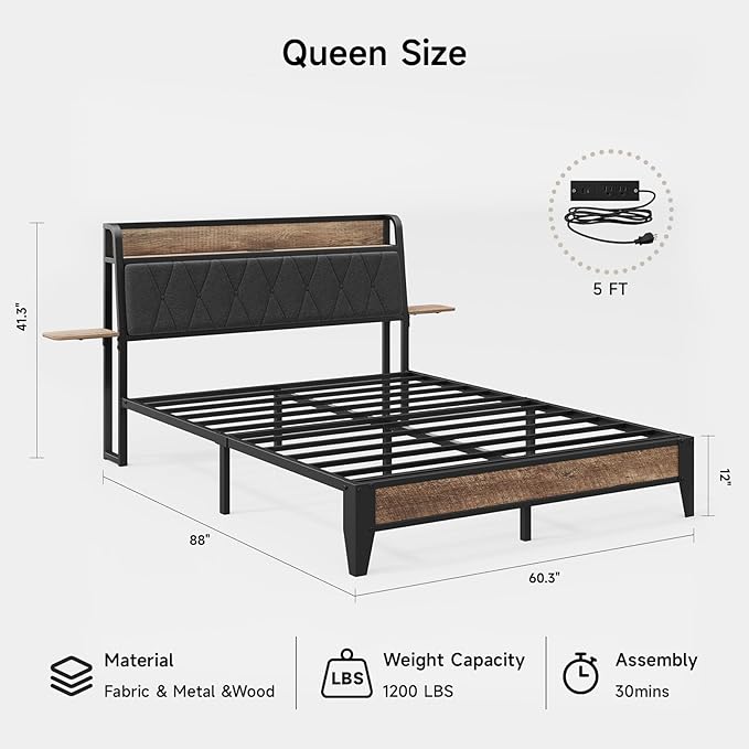 Queen Bed Frame with Side Storage Shelf, Ergonomic Upholstered Headboard with Charging Station, Queen Size Platform Bed Frame, Metal Slats Support, No Box Spring Needed, Easy Assembly, Black