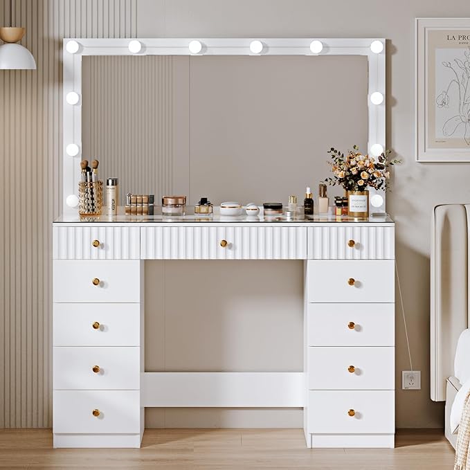 Fluted Makeup Vanity Desk with 46" HD Lighted Mirror,Big Modern Vanity Desk with Mirror and 12 LED Lights, Dressing Table with 11 Drawers, Glass Top for Bedroom,White