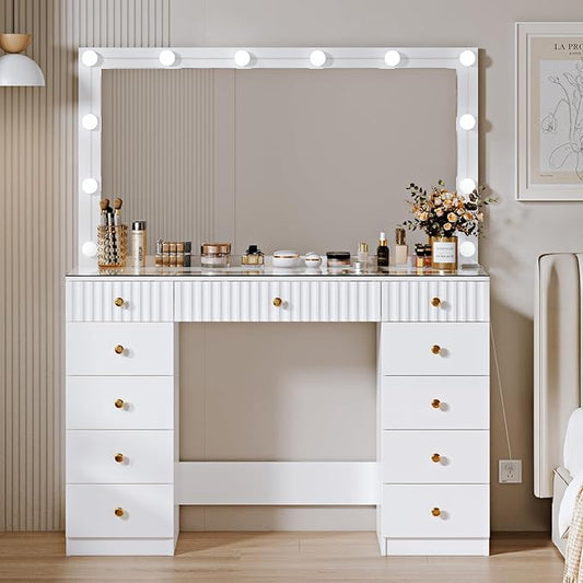 Fluted Makeup Vanity Desk with 46" HD Lighted Mirror,Big Modern Vanity Desk with Mirror and 12 LED Lights, Dressing Table with 11 Drawers, Glass Top for Bedroom,White