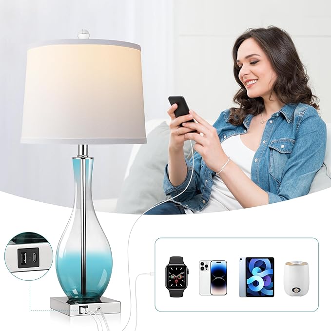 WIHTU Table Lamps Set of 2 with Touch Control, 27" Bedside Desk Lamps for Nightstand Decorations, 3-Way Dimmable Modern Glass Table lamp with USB C and A Charging Ports, Blue (LED Bulbs Included)