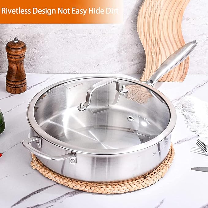 DELARLO Tri-Ply Stainless Steel Saute Pan Set With Lid Kitchen Cookware Set,Frying Pan Set Heats quickly Cookware, Suitable for All Stove Kitchen, Pots and Pans set