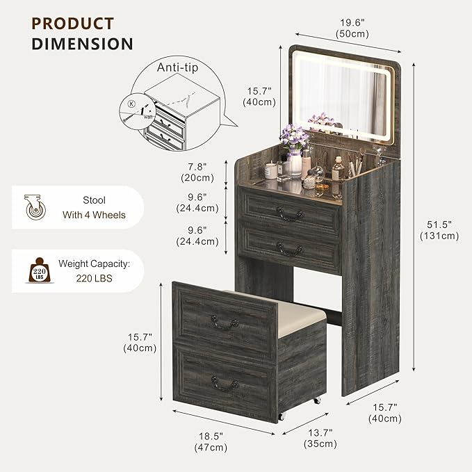 Farmhouse 3 in 1 Vanity with Flip Top Mirror, LED Small Makeup Desk with 2 Sockets USB, Compact Vanity with Glass Desktop, Storage and Cushioned Stool with Wheels,3 Drawers, for Bedroom