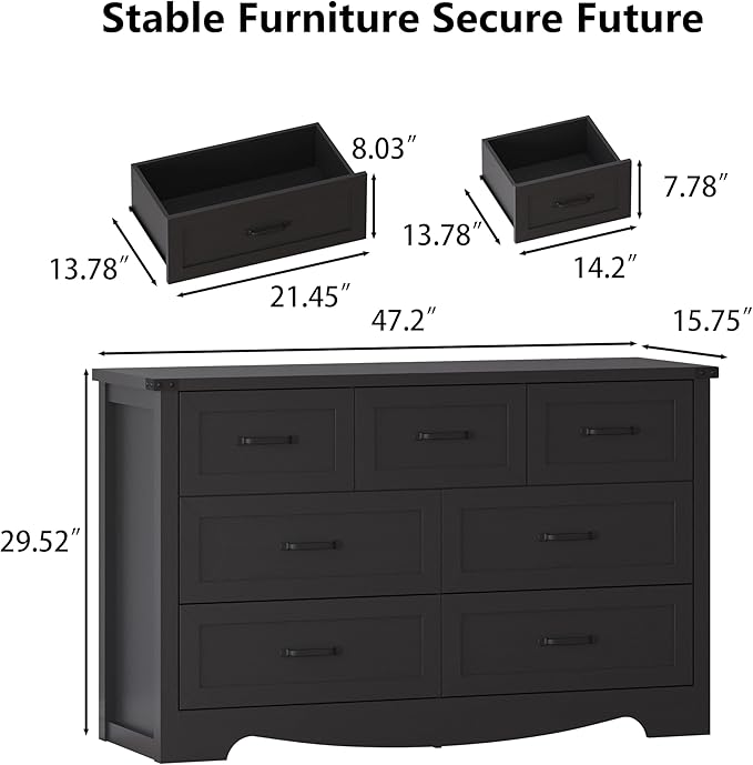 7-Drawer Dresser for Bedroom – 47" Wide Modern Wooden Chest with Natural Wood Texture, TV Stand & Storage, Metal Corner Brackets, Wood Drawer Organizer for Living Room, Hallway