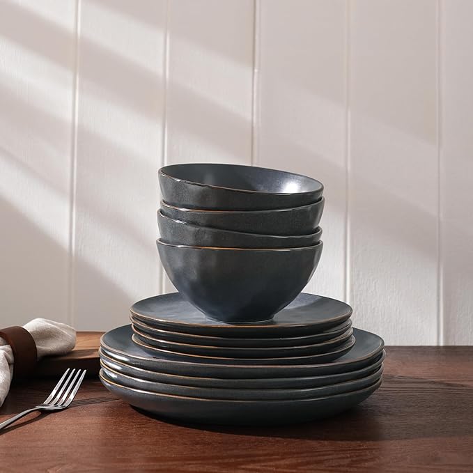 Famiware Dinnerware Sets for 8, Ocean Round 24-Piece Kitchen Plates and Bowls Sets, Microwave and Dishwasher Safe, Scratch Resistant, Matte Black