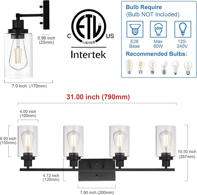 MELUCEE 4 Lights Sconces Wall Lighting Black with Clear Glass Shade, Industrial Bathroom Light Fixtures Vanity Lights Porch Light Fixtures Wall Mount (Patent No.: US D963914 S)