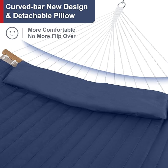 2 Person Hammock with Stand Included, Outdoor Hammock with Curved Spreader Bar, Pillow and Carrying Bag, 450 Lbs Capacity, Navy Blue