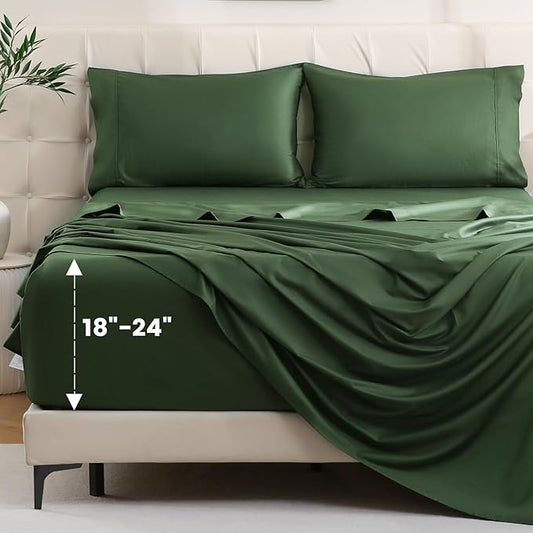 Bedlifes California King Sheet Set, Extra Deep Pocket 18-24 Inches, 1000Thread Count 100% Egyptian Cotton, Soft and Breathable 4-Piece,Forest Green