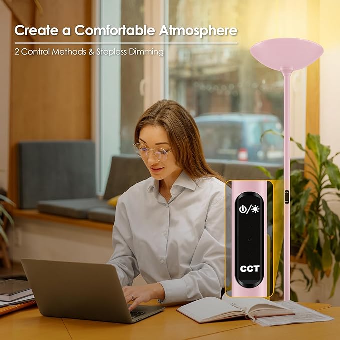 Stepless Dimmable Floor Lamp,30W 3000LM Super Bright LED Torchiere Floor Lamps with Remote & Touch Control,71 in Tall Modern Standing Lamp for Living Room Bedroom Office,2700k-6500k,Pink