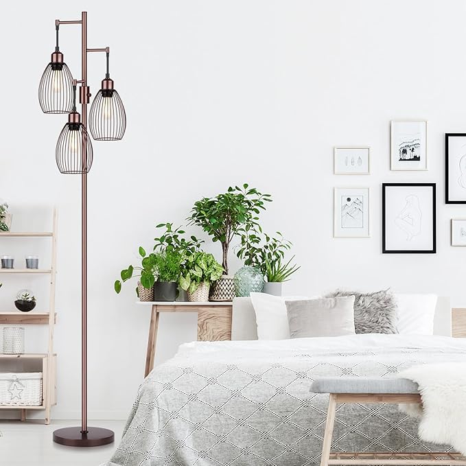 Dimmable Floor Lamp, 3 x 800LM LED Edison Bulbs Included, Farmhouse Industrial Floor Lamp Standing Lamp with Elegant Teardrop Cage Head Tall Lamp for Living Room Bedroom Office Dining Room - Brown