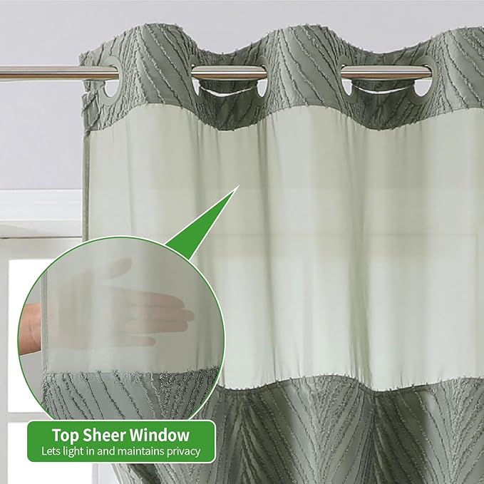 no Hook Shower Curtain and Liner Set，Boho Style with See Through Top Window, SageGreen Fabric Tufted Striped Textured Outer Curtain & Waterproof Inner Liner, SageGreen, 71Wx77H