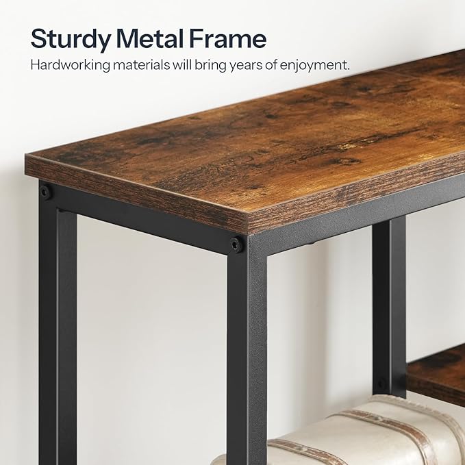 HOOBRO Narrow Console Table, Sofa Table, 4-Tier Industrial Hallway Table with Metal Mesh Shelf, Entryway Table with Adjustable Feet, for Entryway, Living Room, Hallway, Rustic Brown and Black BF79XG01