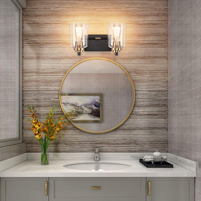 SOLFART Vintage Bathroom Vanity Light Black Bathroom Light fixtures Over Mirror Metal with Clear Glass Brass Fixtures Wall Mount Wall Lighting Sconce (2 Lights)