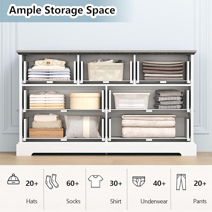 Dresser for Bedroom with 7 Drawer, Farmhouse Dresser for Closet, 47'' Wide Rustic Wooden Chest of Drawers with Natural Wood Texture, Vintage Storage Organizer for Living Room, Hallway, White