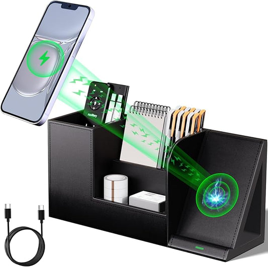 Pen Organizer with Phone Stand,Black Vegan Leather Desk Organizers with Remote Control Holder,Pencil Holder for Desk,Desk Organizer with Phone Charger for Office/Nightstand/Endtable