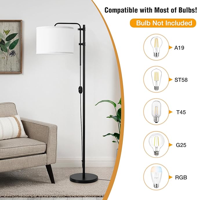GyroVu Floor Lamp for Living Room, Adjustable Height Standing Lamps with 350° Rotate White Lampshade, 67.5-Inch Modern Tall Lamp Dimmable Floor Lamps for Corner Bedroom Home Office (Bulb Included)