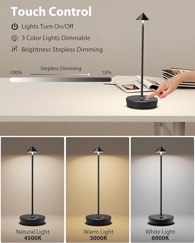 Cordless Table Lamps Rechargeable, 6000mAh Battery Operated LED Desk Lamp Outdoor Waterproof Portable Touch Dimmable Table Night Light for Patio Restaurant Dining Home Black