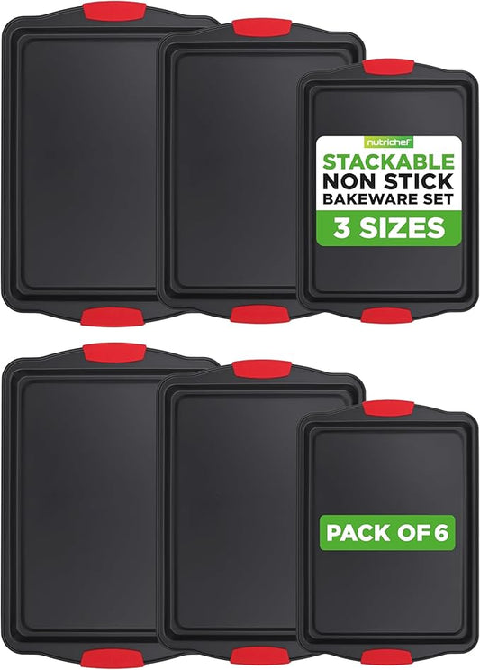 NutriChef Nonstick Baking Pans Set – Premium Cookie Sheets for Baking, Carbon Steel Stackable Baking Trays with Red Silicone Handles, Oven Safe Pans for Cookies, and Cakes, Dishwasher Safe (6 Pack)