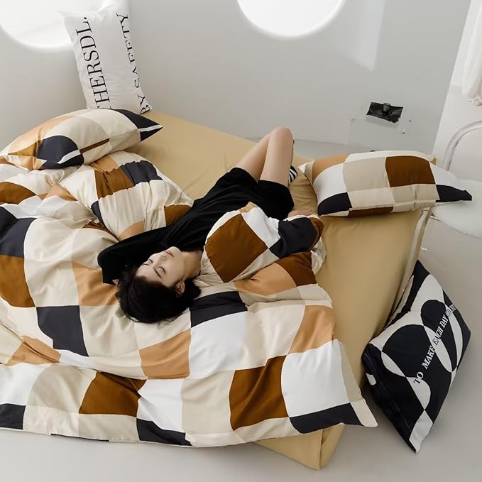 Luxlovery Beige Brown Plaid Comforter Set Full Patchwork Bedding Comforter Grid Checkered Blanket Quilts Soft Breathable Modern Buffalo Abstract Men Women Comforter