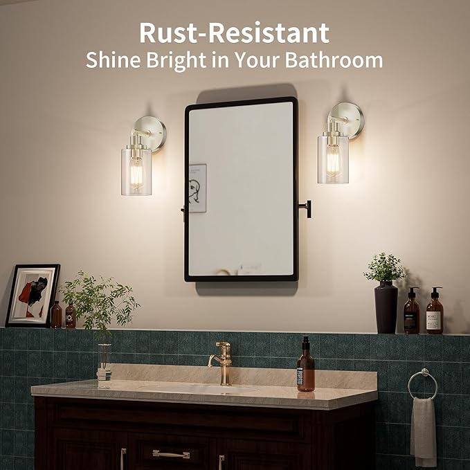 Bathroom Wall Sconces Set of Two: Brushed Nickel Vanity Light Fixtures with E26 Base LED Cordless Indoor Wall Mount Lamp for Mirror Bedroom Hallway Stairway Modern Decor Lighting